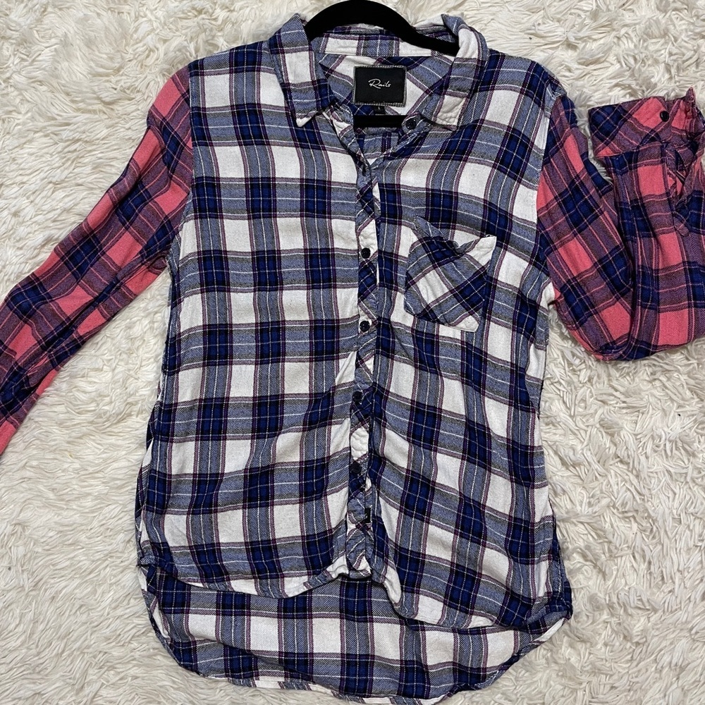 Rails Hunter Plaid Button Down Shirt Blue Pink Contrasting Sleeves Boho Large - Picture 9 of 9